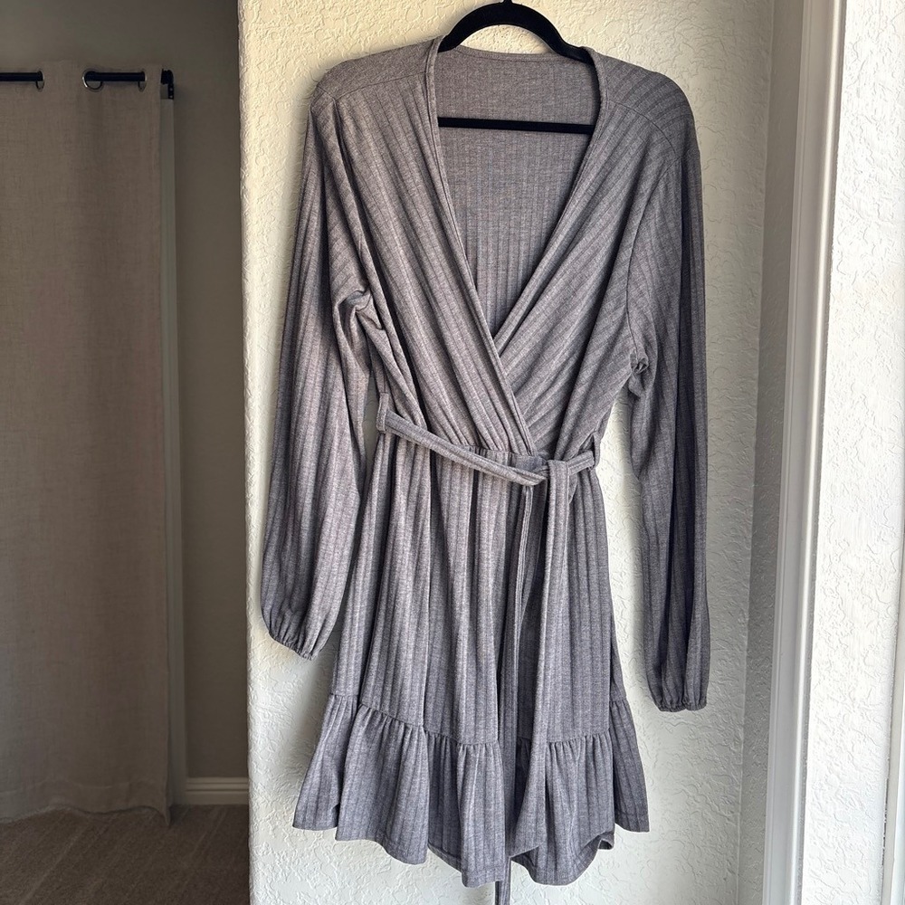 Women XXL Dress Knee Ribbed Ruffle Wrap Grey Long Sleeve Minimal V Neck Snap